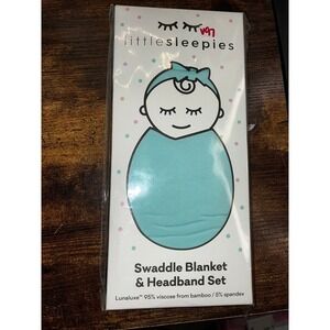 V97. Little Sleepies Aquamarine‎ Swaddle and Headband Set NIB